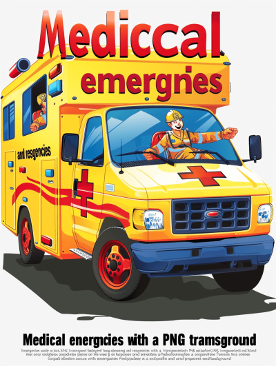 Medical and energias with transparent background in PNG format, featuring an ambulance cartoon character on the front of it.