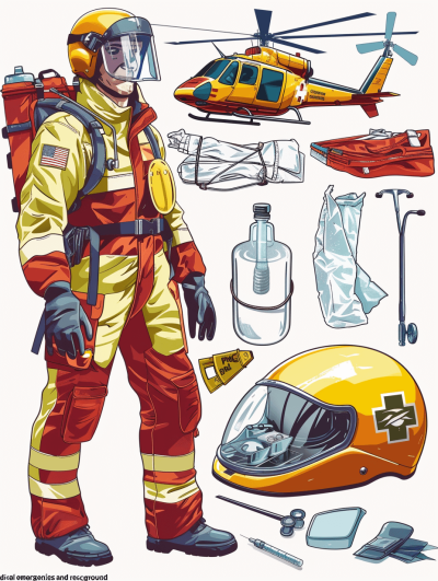 vector illustration of "Ionut" showing medical emergency equipment and a helicopter, air medic gear and tools, white background with outlines, high resolution, no text or letters in the design, vector art, high detail, 2d flat style, adobe illustrator, vector graphic, full body portrait of a paramedic wearing a yellow helmet and jacket, showing all items of their equipment such as an advanced heart monitor in the style of Pixar. No Text In The Design. Vector graphics on paper