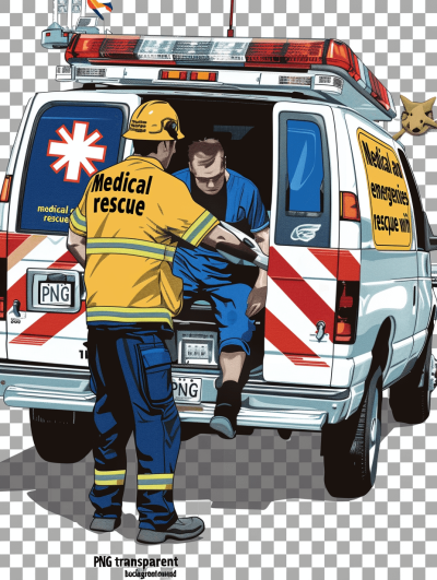 Illustration of an ambulance with the words "medical rescue" on it, and paramedics in the style of Bell helping a man into the back door. An Asian male EMT in a yellow uniform is depicted in the transparent background PNG sticker format. The high resolution vector illustration has no text or elements inside the frame, making it suitable for tshirt print. It features white coloring and high detail 3D rendering.