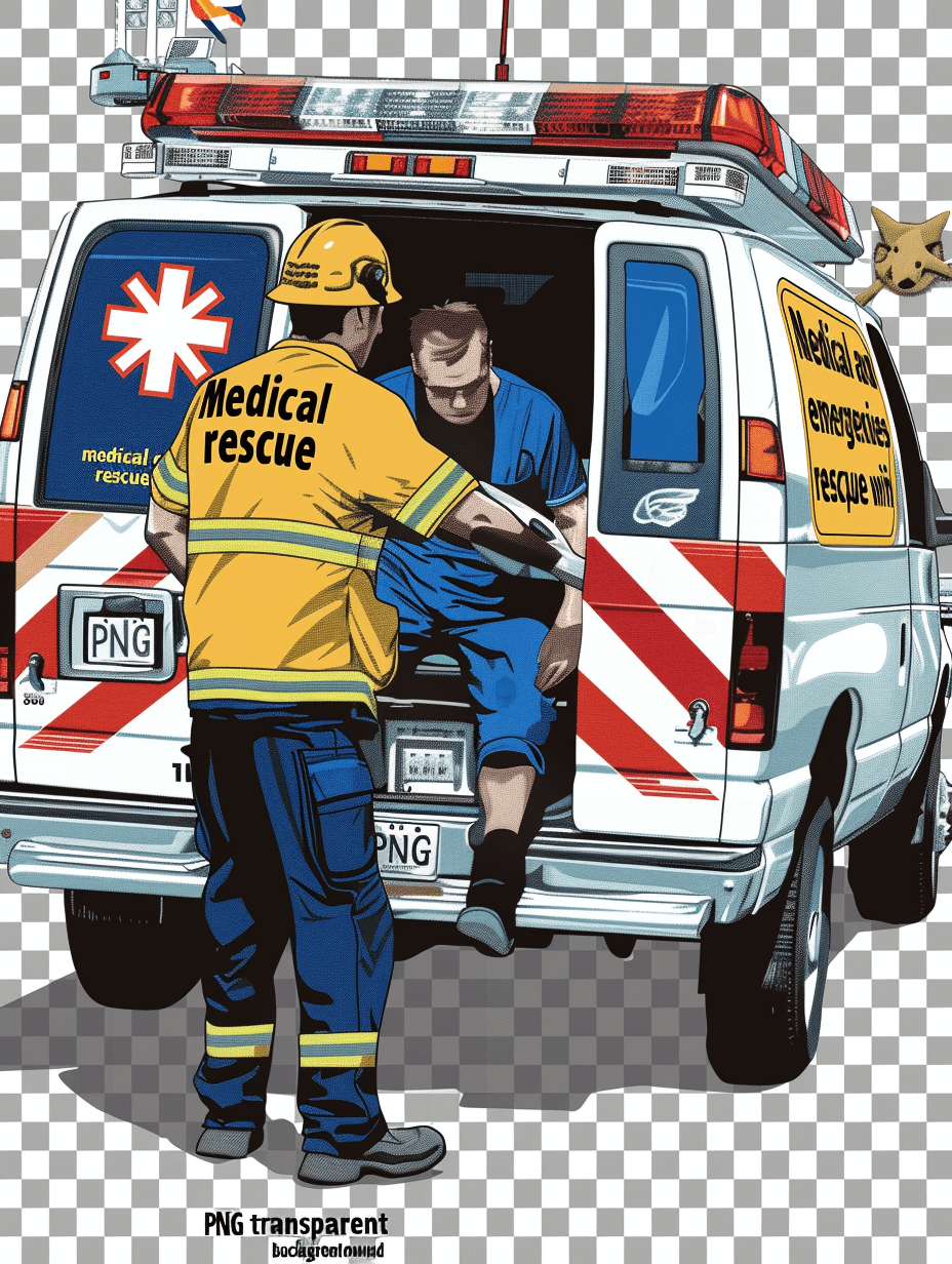 Illustration of an ambulance with the words “medical rescue” on it, and paramedics in the style of Bell helping a man into the back door. An Asian male EMT in a yellow uniform is depicted in the transparent background PNG sticker format. The high resolution vector illustration has no text or elements inside the frame, making it suitable for tshirt print. It features white coloring and high detail 3D rendering.