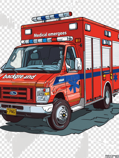 An ambulance with "Medical emergency" written on the side, in a cartoon style vector illustration PNG file with a transparent background for easy colorization and cutout.