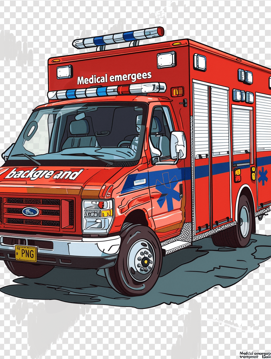 An ambulance with “Medical emergency” written on the side, in a cartoon style vector illustration PNG file with a transparent background for easy colorization and cutout.