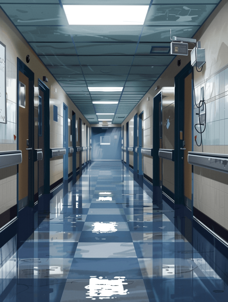 A hospital hallway with a blue and white floor in the style of cartoon, in the style of anime, hyper realistic.