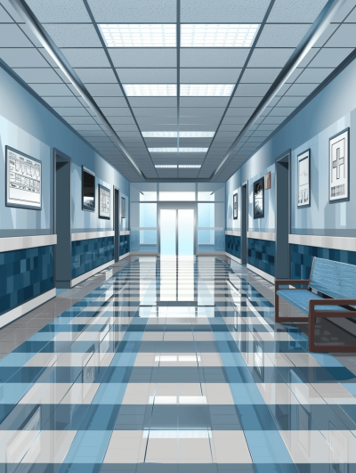 A blue and white checkered hospital hallway in the style of cartoon, vector graphics simple design with flat colors, high resolution, high detail, high quality, high definition image with high sharpness and high contrast. The artwork has a hyper realistic and hyper detailed style with photo realism and a cinematic quality.