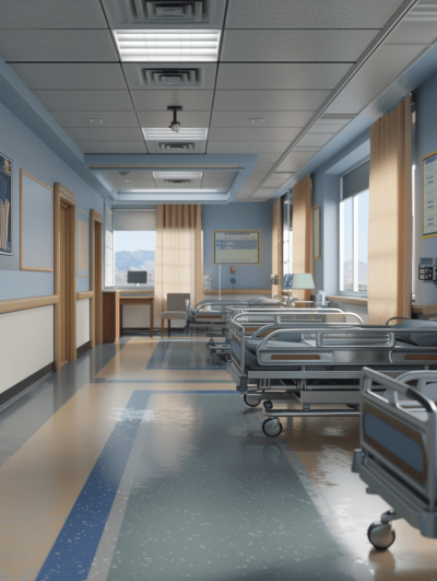 a hospital interior with beds and medical equipment, blue walls and ceiling, hyper realistic, detailed, wide shot,