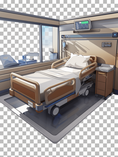 A hospital bed with medical equipment and a window in the background, in the style of anime, no people or characters present, on transparent background.