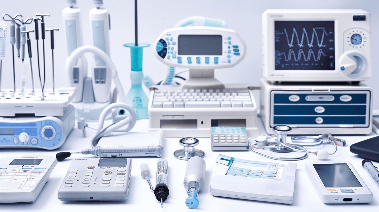 An array of medical equipment including an EKG monitor and other tools are arranged on a table in the foreground view. The background is white with subtle blue highlights to highlight details such as buttons or screens on various devices. There is space around each object for text. In color, this scene captures attention to detail in the arrangement of these items, in the style of a realistic medical illustration.