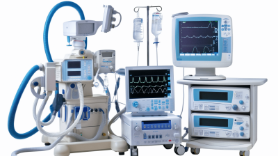 A complete set of medical equipment, monitor and life support system with a white background. The various parts include an ECG machine for heart monitoring and displaying heart wave lines in the style of Zhangkun. A classic oxygen mask and tube are on the side, while other components like intravenous tubes are in focus.