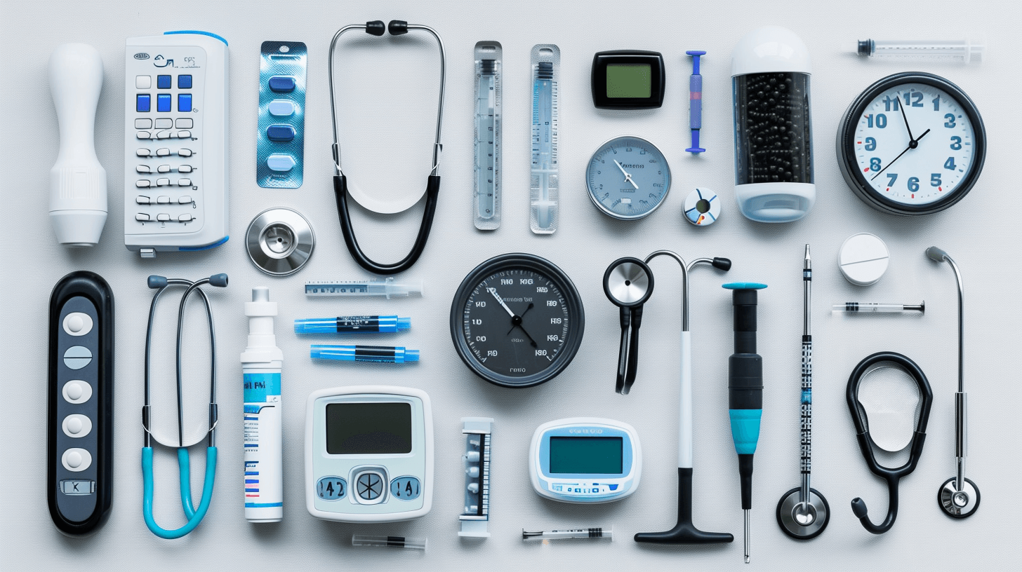 knolling medical equipment and tools, white background with blue accents, professional photography