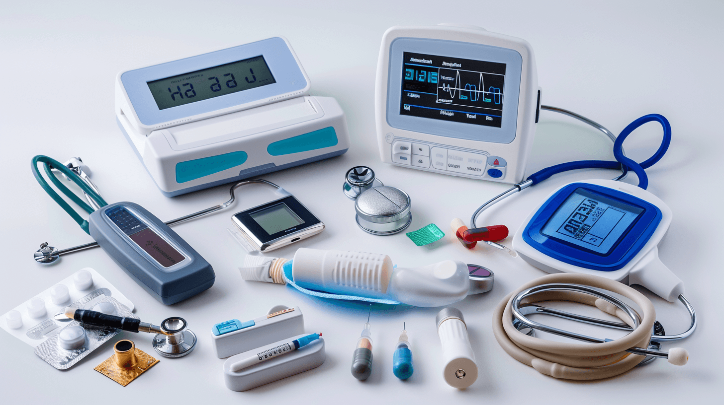 A collection of medical equipment including an ox_chmobRE, siverse in color and shape, arranged on white background. The focus is on the digital display and various tools such as stethoscope, needle, tubes, syringe, wettach stylus, s Harvesting from real world photography, high resolution,