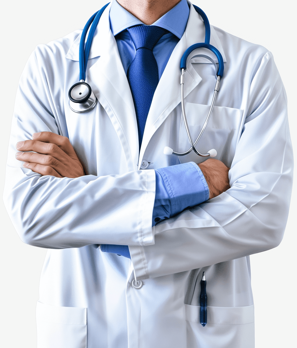 A doctor in white coat with stethoscope on his neck, blue shirt and tie, hands crossed over chest isolated on transparent background cutout PNG file