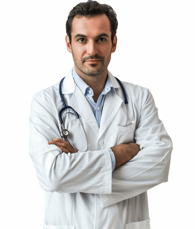 Handsome male doctor in a white coat with a stethoscope around his neck, arms crossed with a confident expression on his face, portrait photography against a white background, full body shot from the front view, taken during a professional photo shoot, high resolution image with professional color grading, soft shadows without harsh contrast, shot with soft lighting.