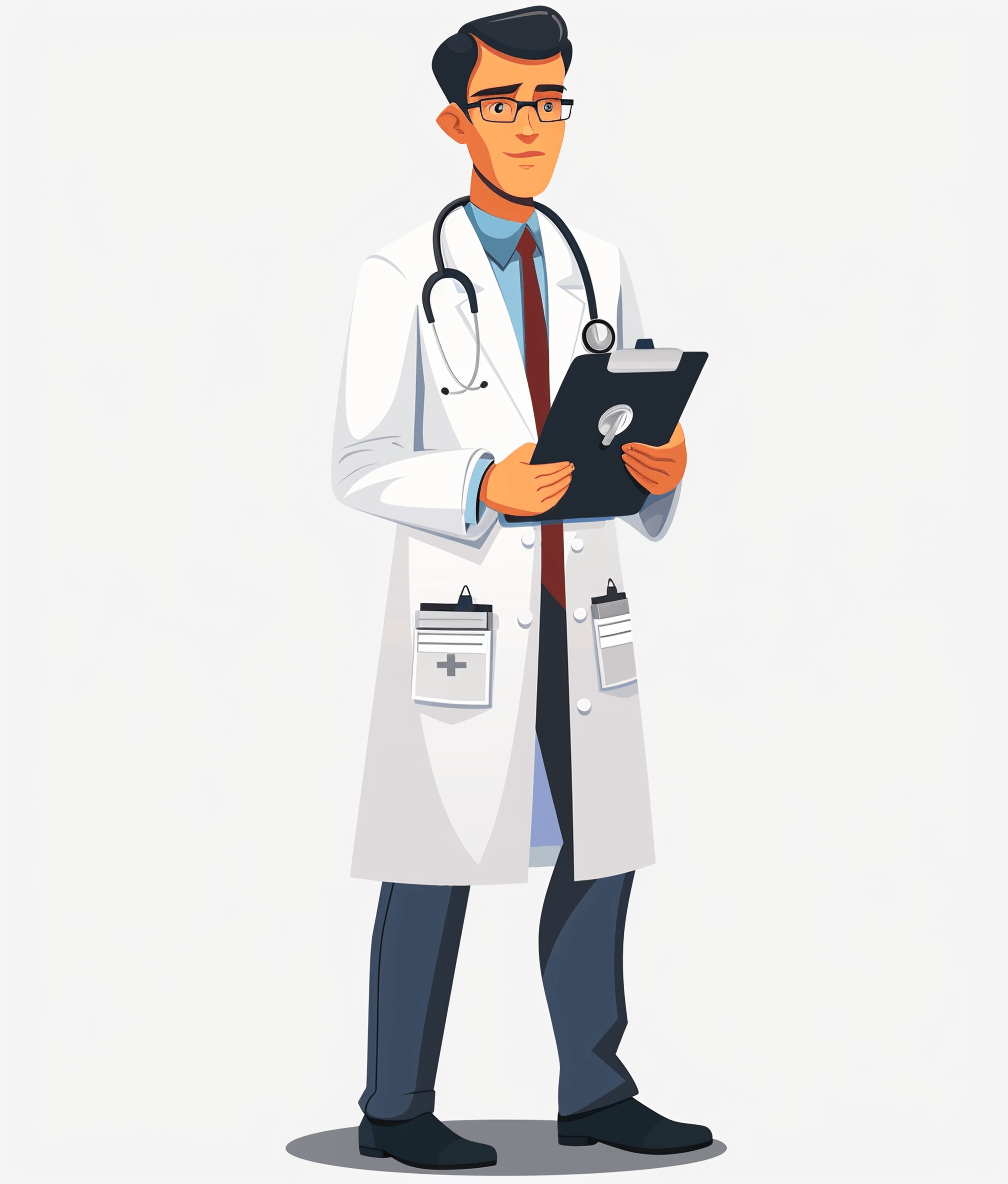 Cartoon style male doctor standing holding medical notebook, white coat and stethoscope on neck, full body view, simple vector illustration, flat design, no background, white color palette