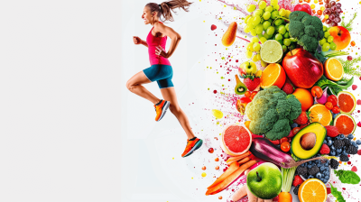 A woman in sportswear running, surrounded by colorful fruits and vegetables on the right side of her, on a white background, in a photo collage style, a full body shot, with bright colors, high resolution, high quality, high detail, in the style of hyperrealistic, in the style of hyperdetailed, in the style of hyperrealism, digital art, illustration, poster design, concept art, creative artwork, creative photography, concept art.