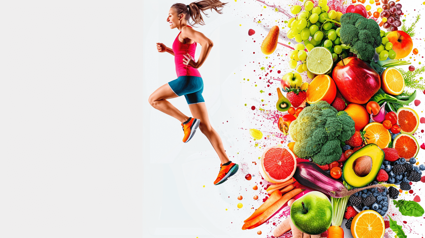 A woman in sportswear running, surrounded by colorful fruits and vegetables on the right side of her, on a white background, in a photo collage style, a full body shot, with bright colors, high resolution, high quality, high detail, in the style of hyperrealistic, in the style of hyperdetailed, in the style of hyperrealism, digital art, illustration, poster design, concept art, creative artwork, creative photography, concept art.