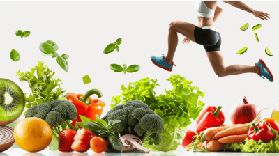 A dynamic scene of healthy food and vegetables with a woman jumping over them in the style of sportswear, white background, no text or logo, high resolution, professional photograph taken with a wide angle lens, bright colors.