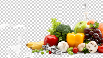 Fruit and vegetable texture with dumbbells, glass bottle of milk or water on transparent background PNG file format