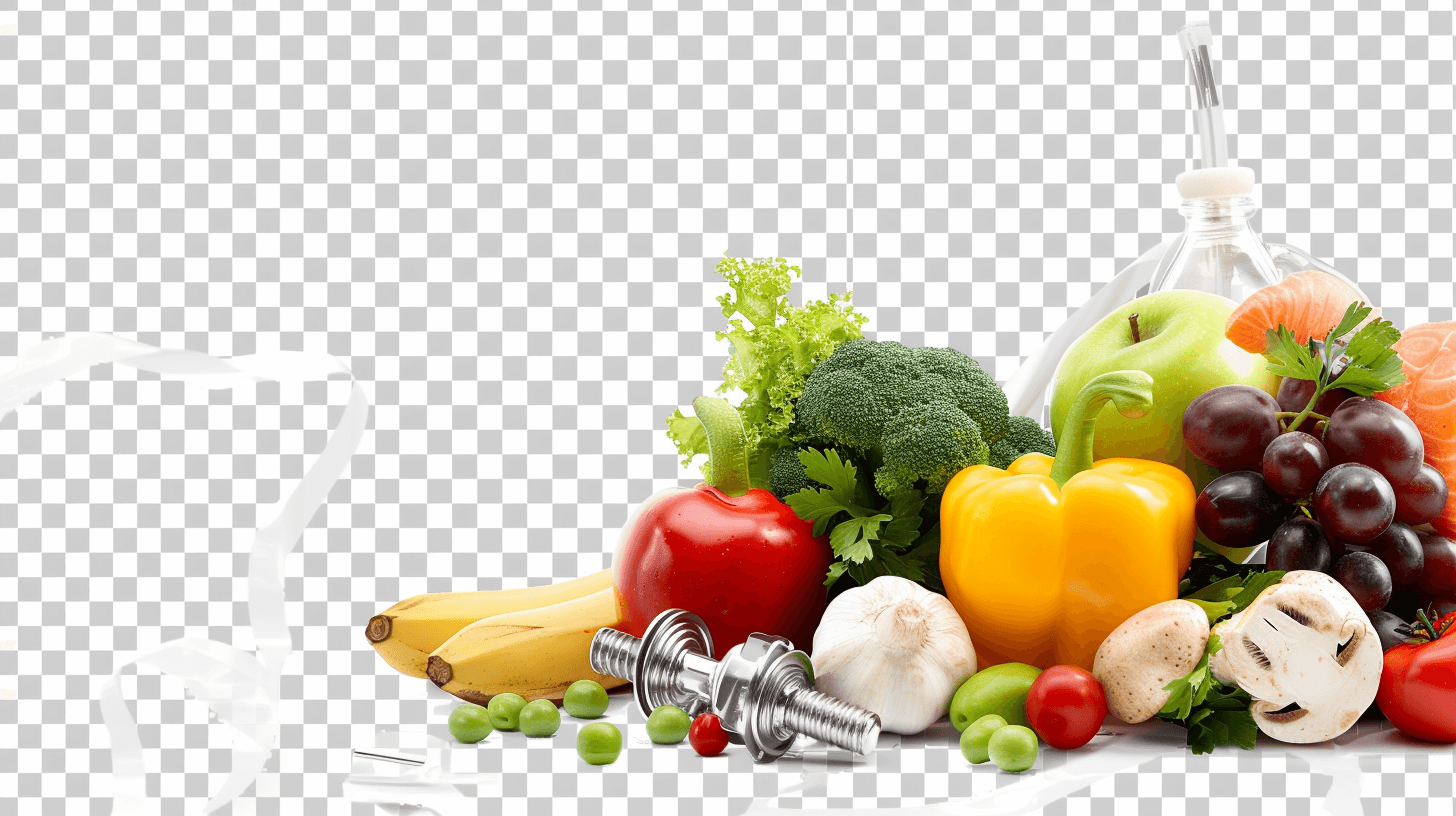 Fruit and vegetable texture with dumbbells, glass bottle of milk or water on transparent background PNG file format