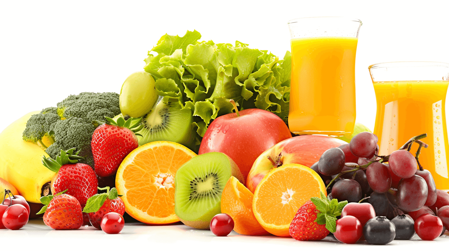 Fruit and vegetable juices, including oranges, apples, kiwis, grapes, and strawberries, as well as vegetables like carrots, lettuce, broccoli, and oranges on a white background. The photography is high resolution with bright, professional studio lighting in a high definition style.