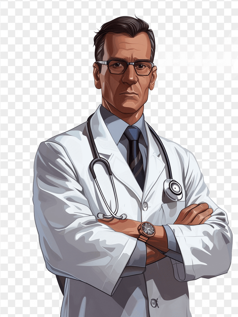 Sticker style, vector illustration of a white male doctor with his arms crossed, wearing glasses and a stethoscope around his neck in the form of clipart for stickers, cartoon character in the style of Cartoon art, digital painting, game cover, full body shot, transparent background, high resolution