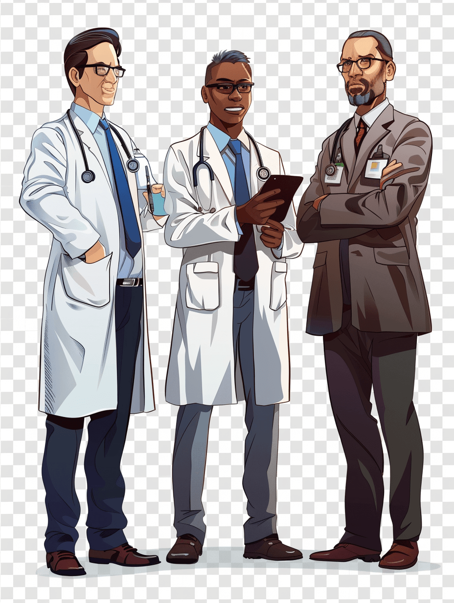 cartoon style of three doctor men standing together, one is a white male with short hair and glasses wearing a lab coat holding a clipboard, second man has black skin and brown shoulder length hair wearing business casual  in the middle. The third person stands to their right hand on hip while talking, transparent background.