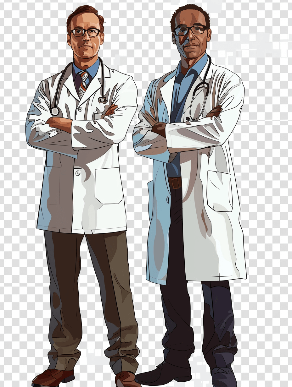 Two doctors, one white and the other black with glasses on a transparent background in the style of a cartoon clip art in a high resolution vector style.