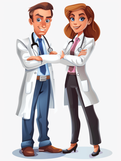 Two doctor cartoon characters, vector illustration with white background. Man and woman wearing medical coat, stethoscope around necks standing side by side arms crossed pose smiling confident look looking at camera. Cartoon professional doctors on isolated transparent png background