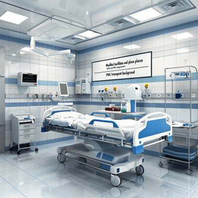 Al Mash's loose place features a realistic hospital room with medical equipment and bed, white tiles on the wall with blue accents. The picture contains no text or letters, is high resolution, and appears to be a 3D render with bright, product photography-style lighting.