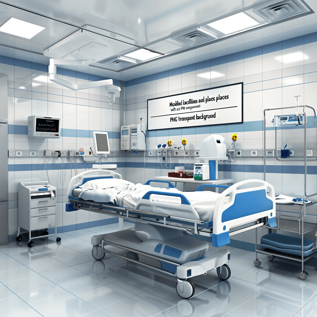 Al Mash’s loose place features a realistic hospital room with medical equipment and bed, white tiles on the wall with blue accents. The picture contains no text or letters, is high resolution, and appears to be a 3D render with bright, product photography-style lighting.