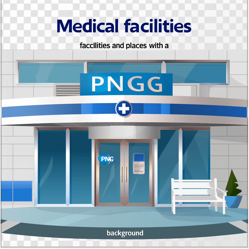 medical facility buildings and places with the logo PjàNu” flat vector illustration, white background, blue color scheme, minimalistic, simple design, with text “PdockWG”, transparent png background, 2d flat icon style, no shadows, high resolution, no shading detail, no gradients, no gradient, no shadows, no gradient, no gradients, flat colors only, no gradient