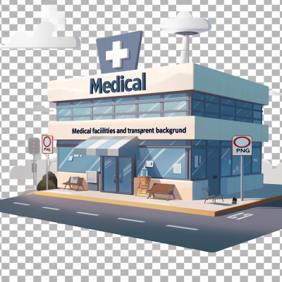 medical facility building with transparent background in the style of cartoon style vector illustration of a hospital, exterior view, simple design, white and blue color palette, white isolated background, with text that says "Industrial brown", no shadow on the ground, simple flat vector clipart resolution 300x475 pixel, no gradient, clean lines, ultra fine detail