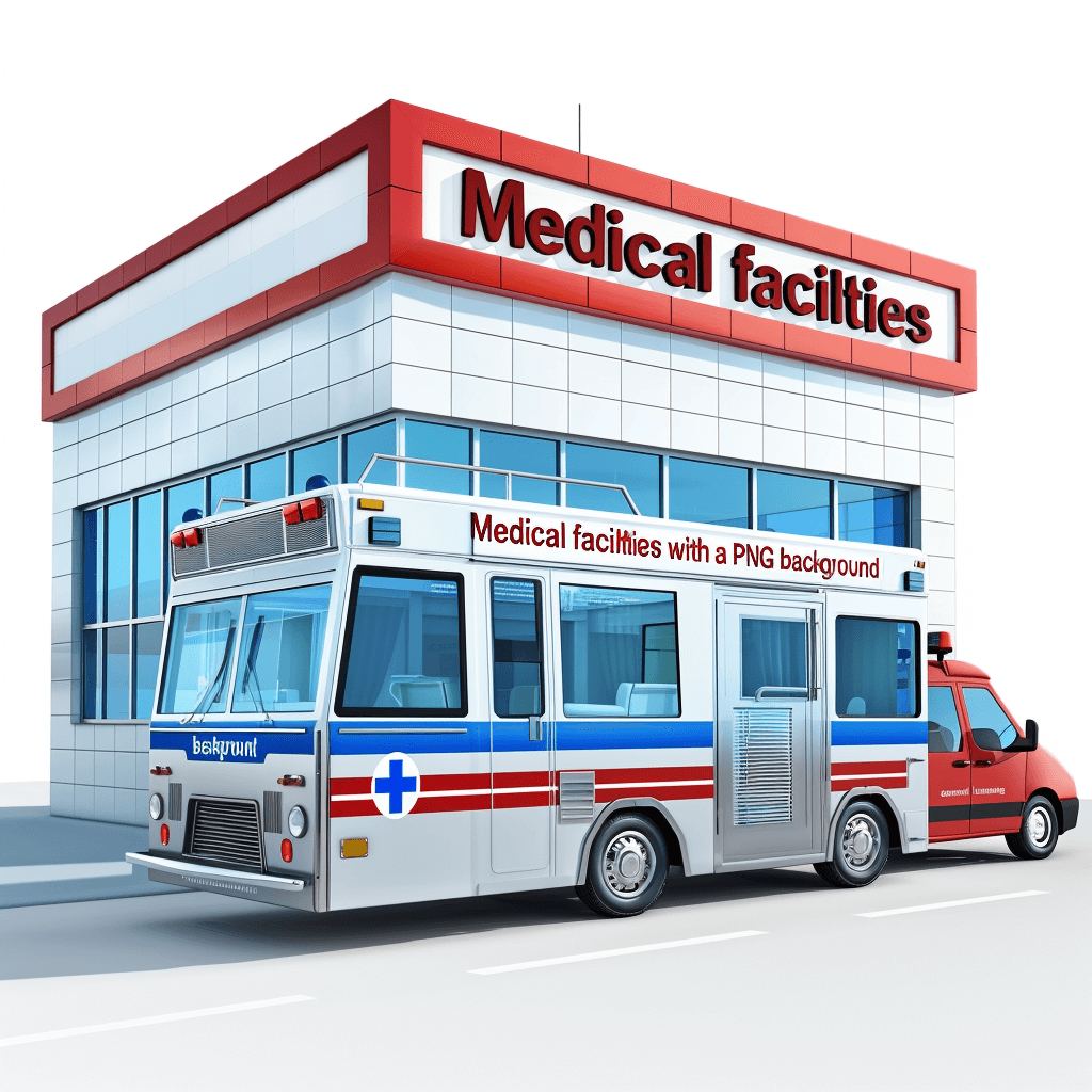 medical facility with ambulance exterior ” white background, 3d render