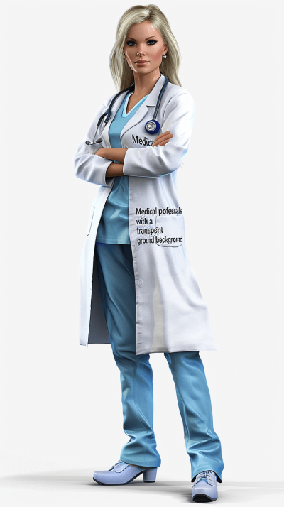 medical professional with arms crossed, white lab coat and blue scrubs , realistic skin details , blonde hair , standing on the ground, full body shot , detailed character sheet , full length photo , white background , " medical professionals with text written in black marker on their that says " Vibrant World", 3d rendering, octane render, full hd