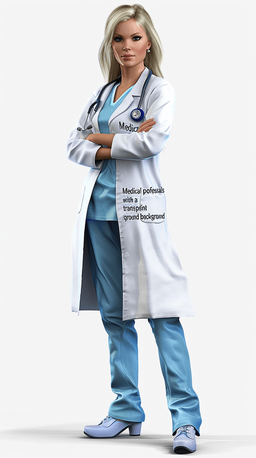 medical professional with arms crossed, white lab coat and blue scrubs , realistic skin details , blonde hair , standing on the ground, full body shot , detailed character sheet , full length photo , white background , ” medical professionals with text written in black marker on their that says ” Vibrant World”, 3d rendering, octane render, full hd