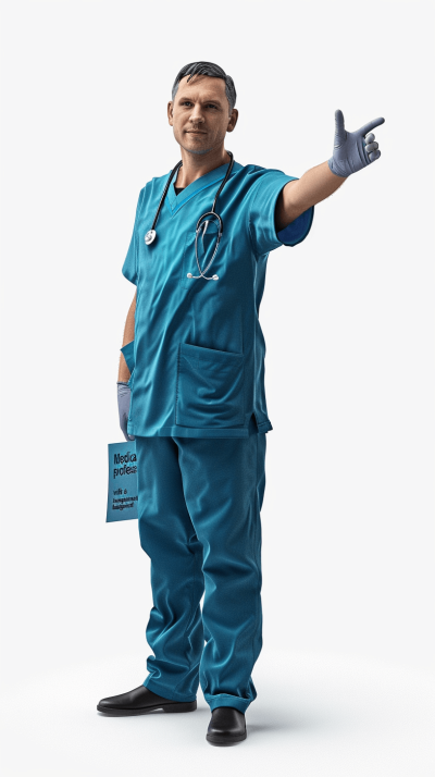 A full body shot of an middle aged man wearing blue scrubs and dark shoes, he is holding up his hand with the palm facing forward to make a sign that says "Medletters", he has short hair, white background, detailed facial features, photo realistic, hyperrealistic skin details