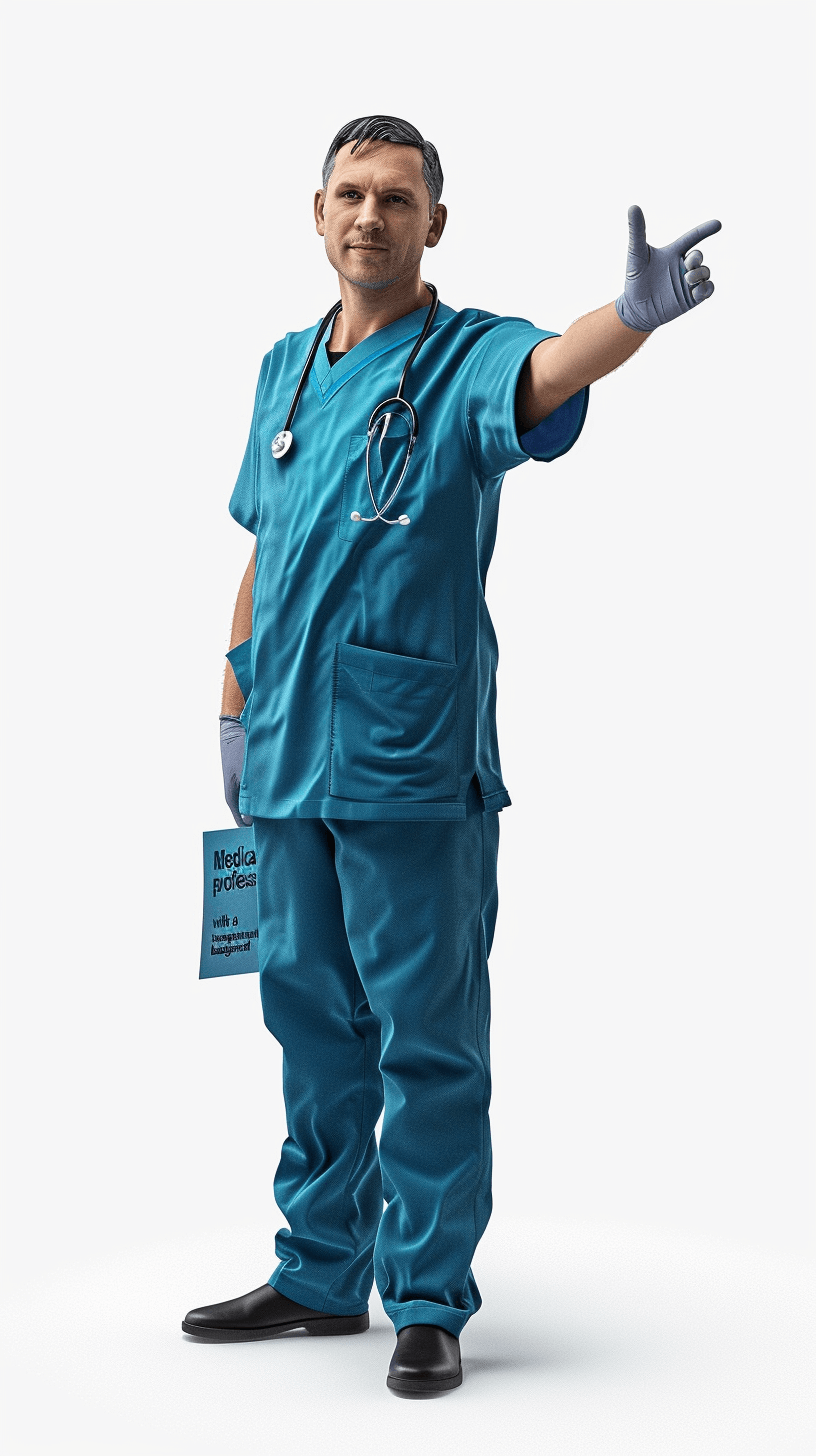 A full body shot of an middle aged man wearing blue scrubs and dark shoes, he is holding up his hand with the palm facing forward to make a sign that says “Medletters”, he has short hair, white background, detailed facial features, photo realistic, hyperrealistic skin details