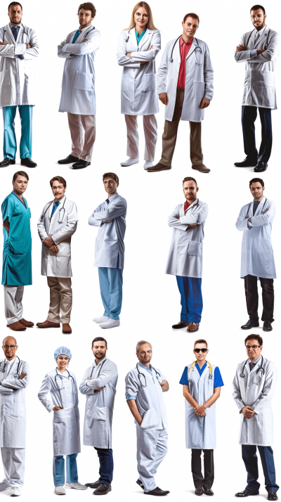 A variety of full body photos with different types and ages, diverse male doctors in white coats standing, isolated on a white solid color background, in different poses, with realistic photos, at a high resolution, with hyper quality details.