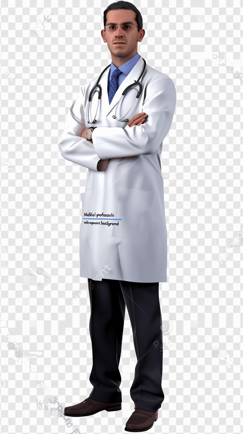 Professional doctor with arms crossed pose, white coat and stethoscope on transparent background. Stock photo, full body shot, photorealistic, high resolution image in the style of an unnamed artist.