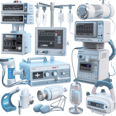 spectrum of medical equipment and devices with different features such as monitors, life support systems, IV tubes, and EKG machines. A dynamic illustration of various hospital equipment used in patient care, including a ventilator, defibrillator, and infusion pump, on a white background. 3D rendering in the style of an instructional diagram.