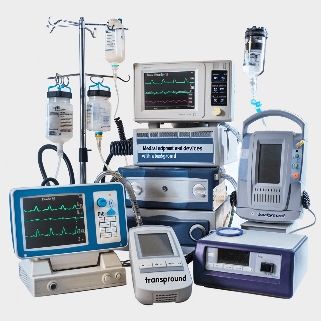 Medical equipment and devices with a background stock photo of various medical devices including an ECG monitor, breathing machine, IV bag stand, and other machines against a white background, professionally photographed at high resolution in a hyper realistic, detailed style.