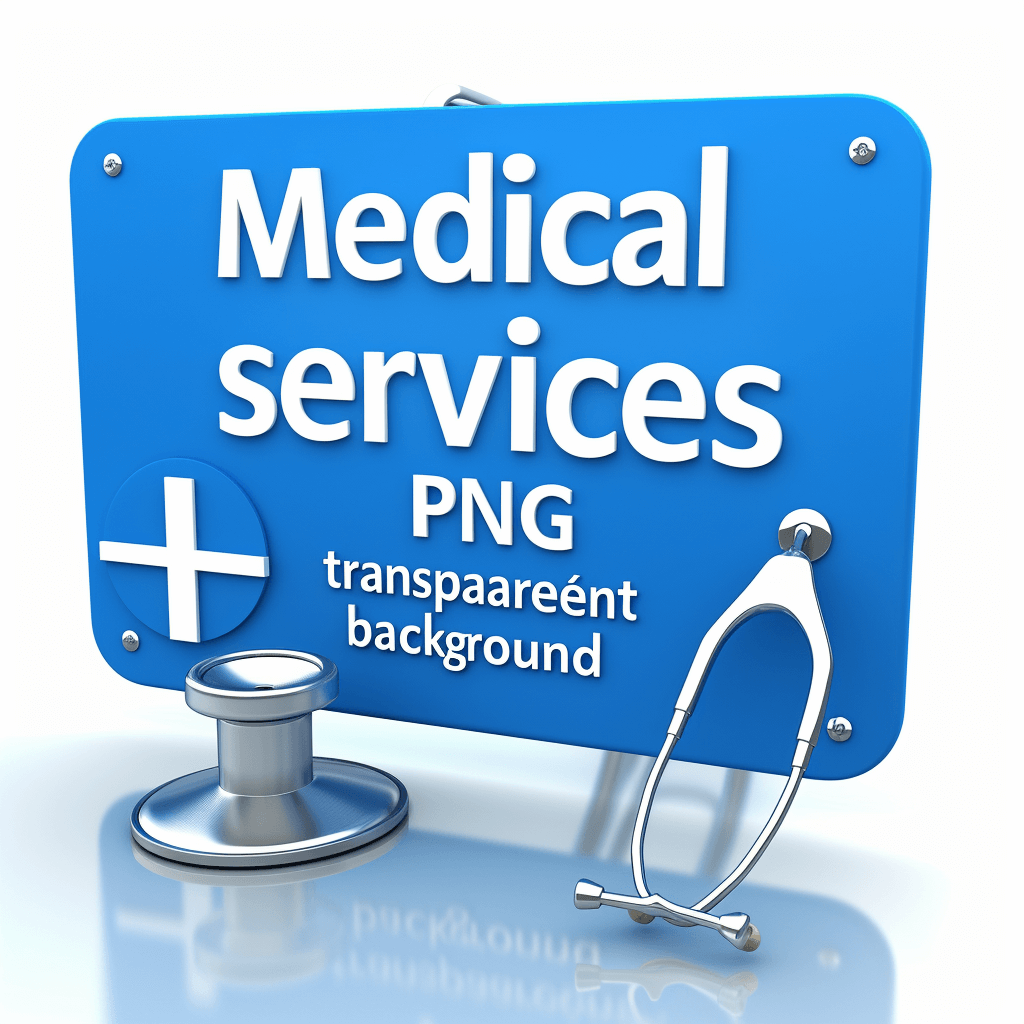 medical services, transparent background, blue sign with white text and cross on it with stethoscope, high resolution, no blur effect, no shadow, white background, png file for cutout.