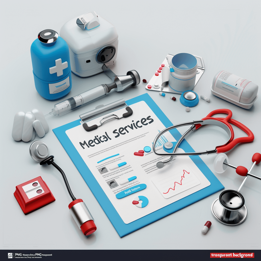 3D medical services on the background of equipment for first aid, in the style of clip art, high resolution, using a white and blue color palette, on a light gray background, 2D design with a transparent PNG background, with high detail, high contrast, soft shadows, soft smooth lighting, with a symmetrical centered composition.