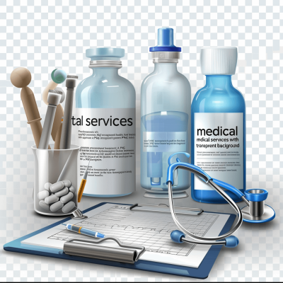 medical services in the style of transparent background with stethoscope, clipart style for graphic design elements, blue color, text is written in white letters, the bottles of medicine and drip bag lie nearby, a set of tools to use them can be seen nearby, hyper realistic photo, high resolution, 30k