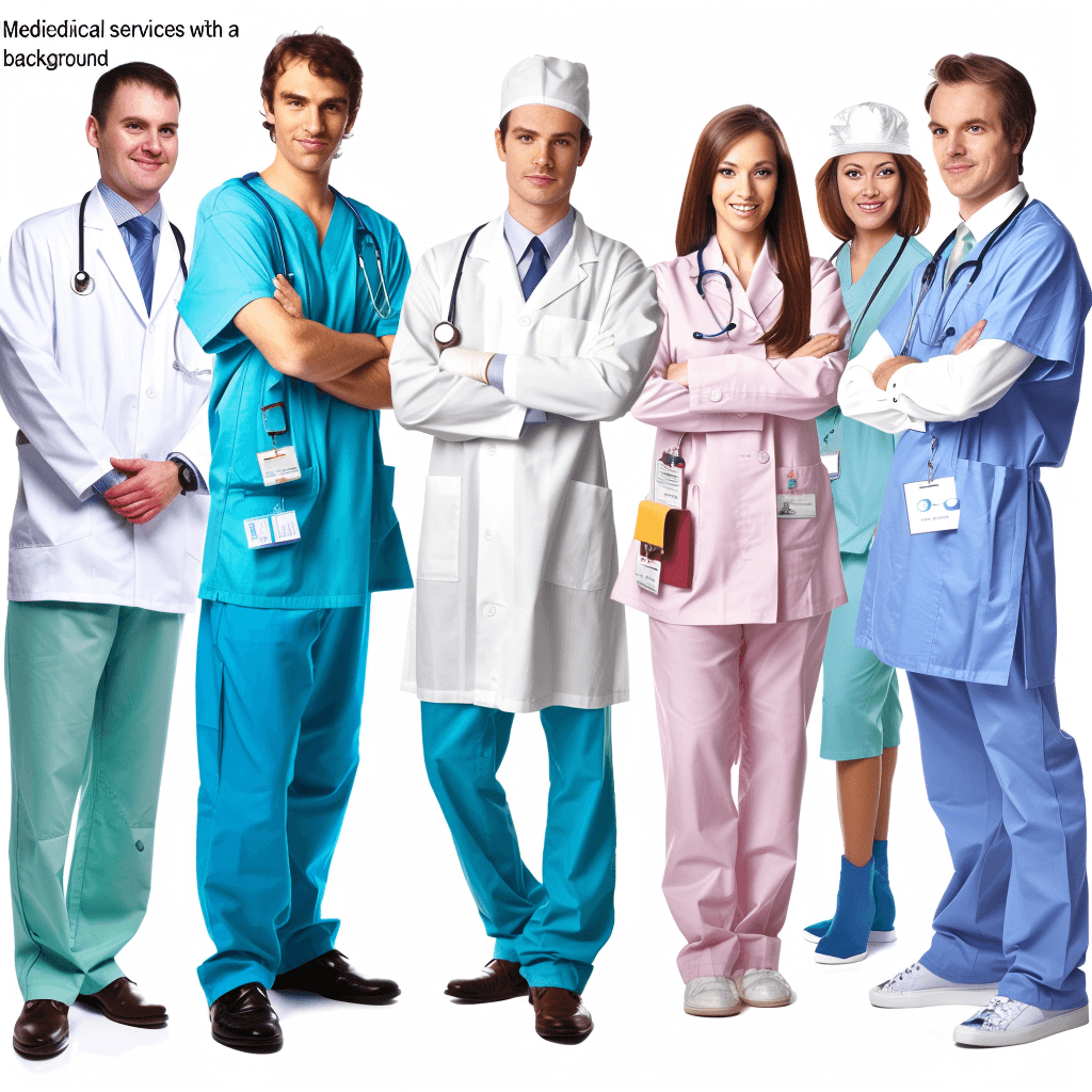 Medical services with full body of team standing in front view, isolated on white background. Stock photo, high resolution photography, highly detailed, ultra realistic and cinematic, real people in the style of various artists.