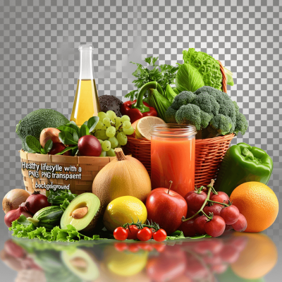 Realistic photograph of a healthy lifestyle with fruits, vegetables and juice in a basket isolated on a transparent background, in the style of png.