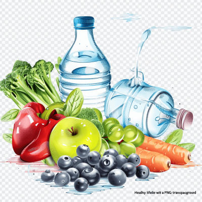 , healthy lifestyle with water bottle, vegetables and fruits vector illustration on transparent background' colour drawing, png, white empty backround, hyper realistic, detailed, high resolution