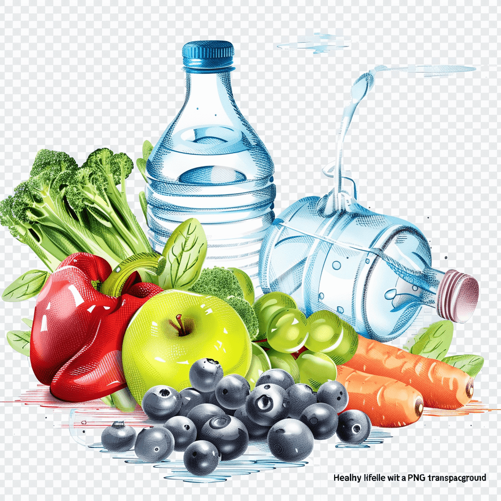 , healthy lifestyle with water bottle, vegetables and fruits vector illustration on transparent background’ colour drawing, png, white empty backround, hyper realistic, detailed, high resolution