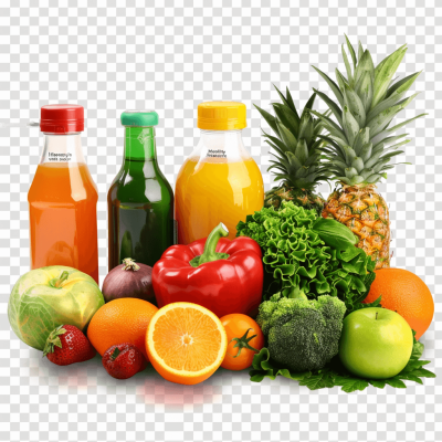 Fruit and vegetable juice bottles, vegetables, fruits, pineapples, oranges, apples, beets, broccoli, png background transparent