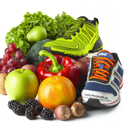 Abbage, fruit and vegetables with running shoes on white background", healthy lifestyle concept "Ambageur P's vision", sport shoe, various fruits, red pepper, apple, salad leaf, broccoli, black pine nuts and orange on the side of it, high resolution, highly detailed, colorful, isolated on white or transparent background, png photo stock photography, no shadow in middle of picture, no text or letters, no shadows, in the style of Ambageur P.