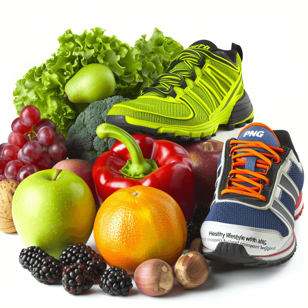 Abbage, fruit and vegetables with running shoes on white background”, healthy lifestyle concept “Ambageur P’s vision”, sport shoe, various fruits, red pepper, apple, salad leaf, broccoli, black pine nuts and orange on the side of it, high resolution, highly detailed, colorful, isolated on white or transparent background, png photo stock photography, no shadow in middle of picture, no text or letters, no shadows, in the style of Ambageur P.